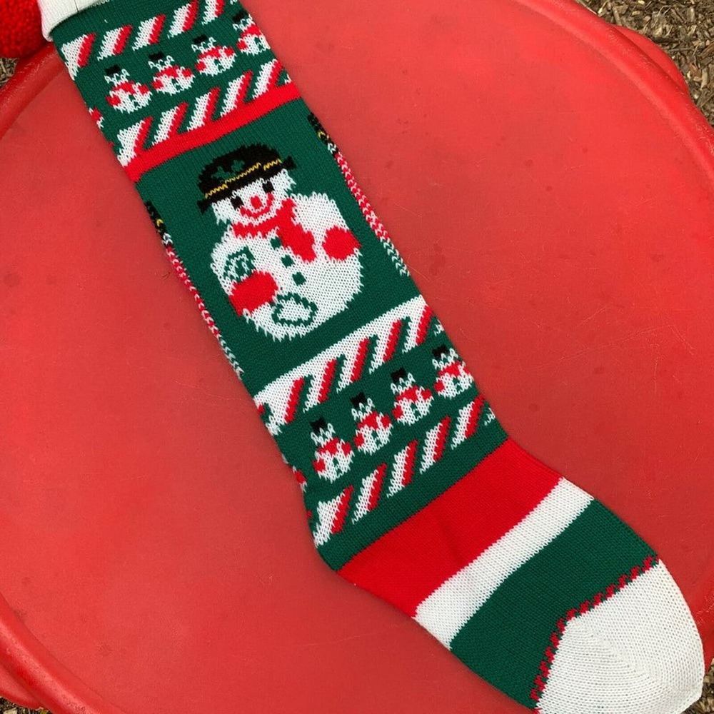 VTG Knit Christmas Stocking Snowman Green Long 24in Holiday decor
